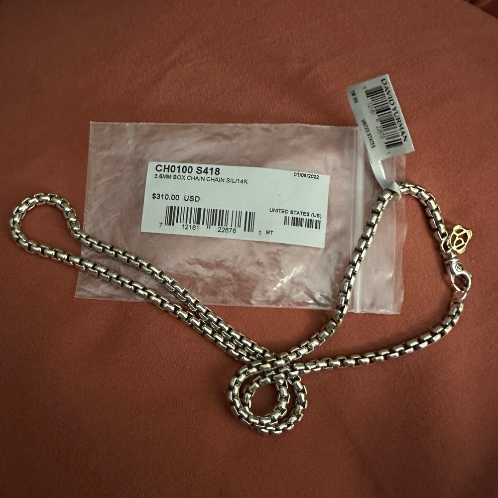 David Yurman 3.6 mm box chain sil/14K gold. Brand new with tags. $300.